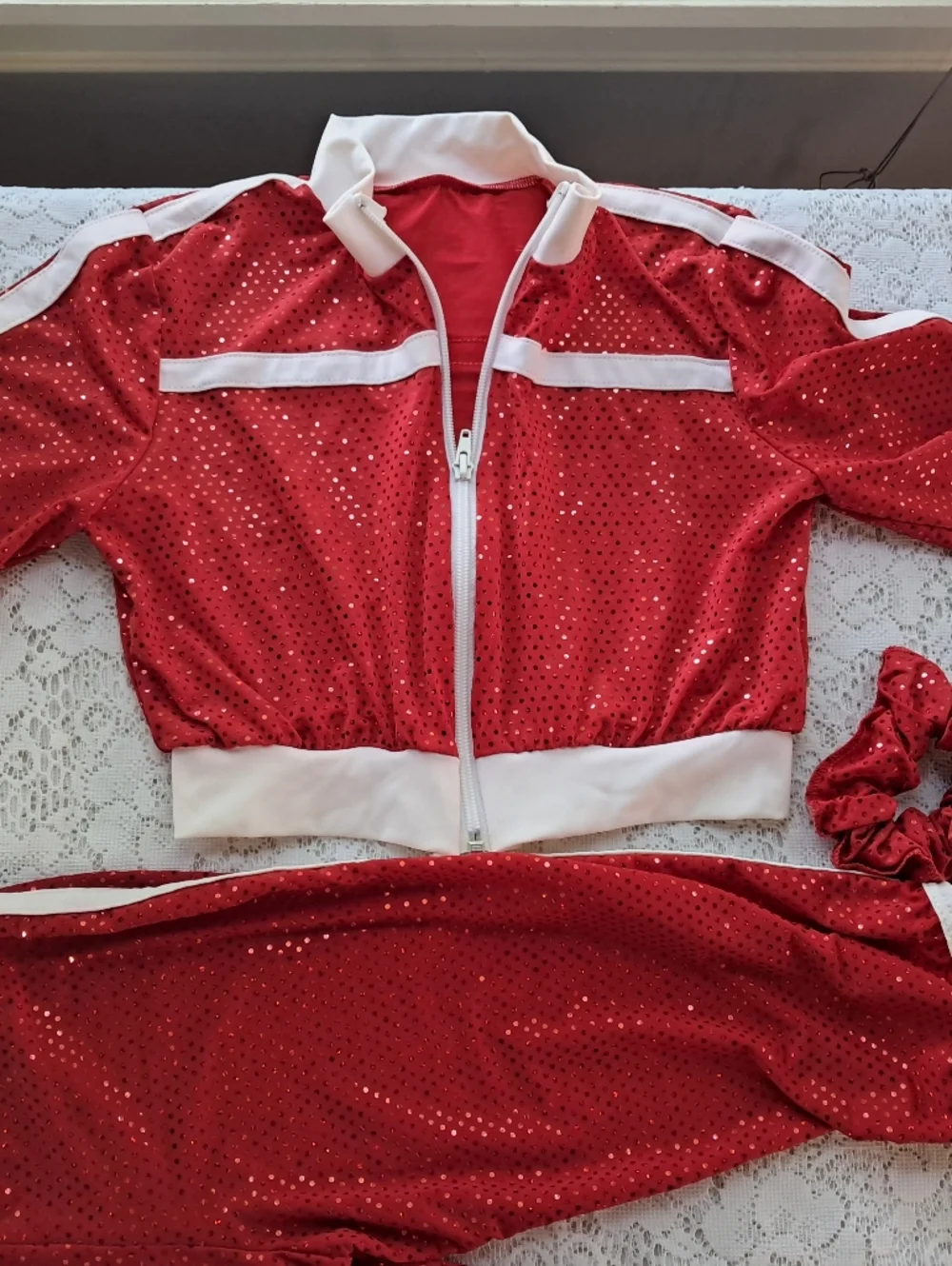 5 pc Dance Bundle Girls 6x Red Sequin Jacket, Pants, Bodysuit. Tights & Pony
